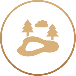 Circular nature emblem with trees and pond