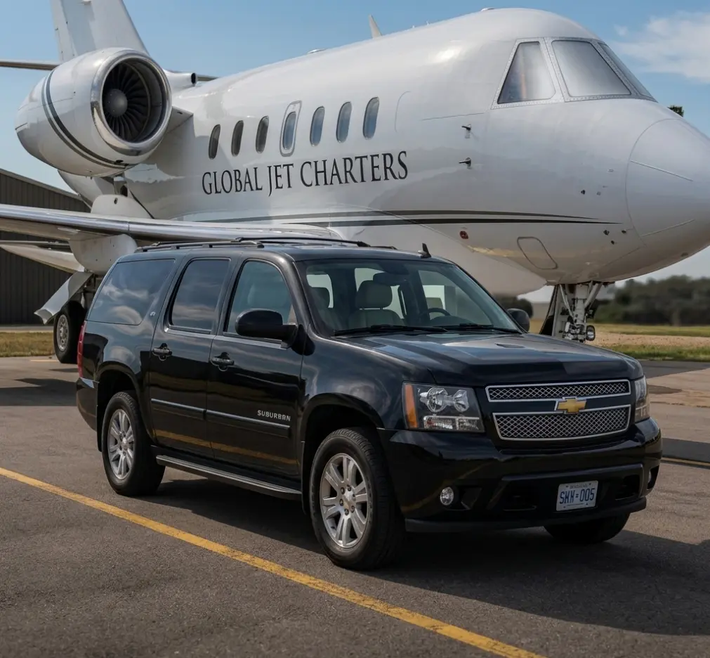 Black Chevrolet Suburban parked beside private jet