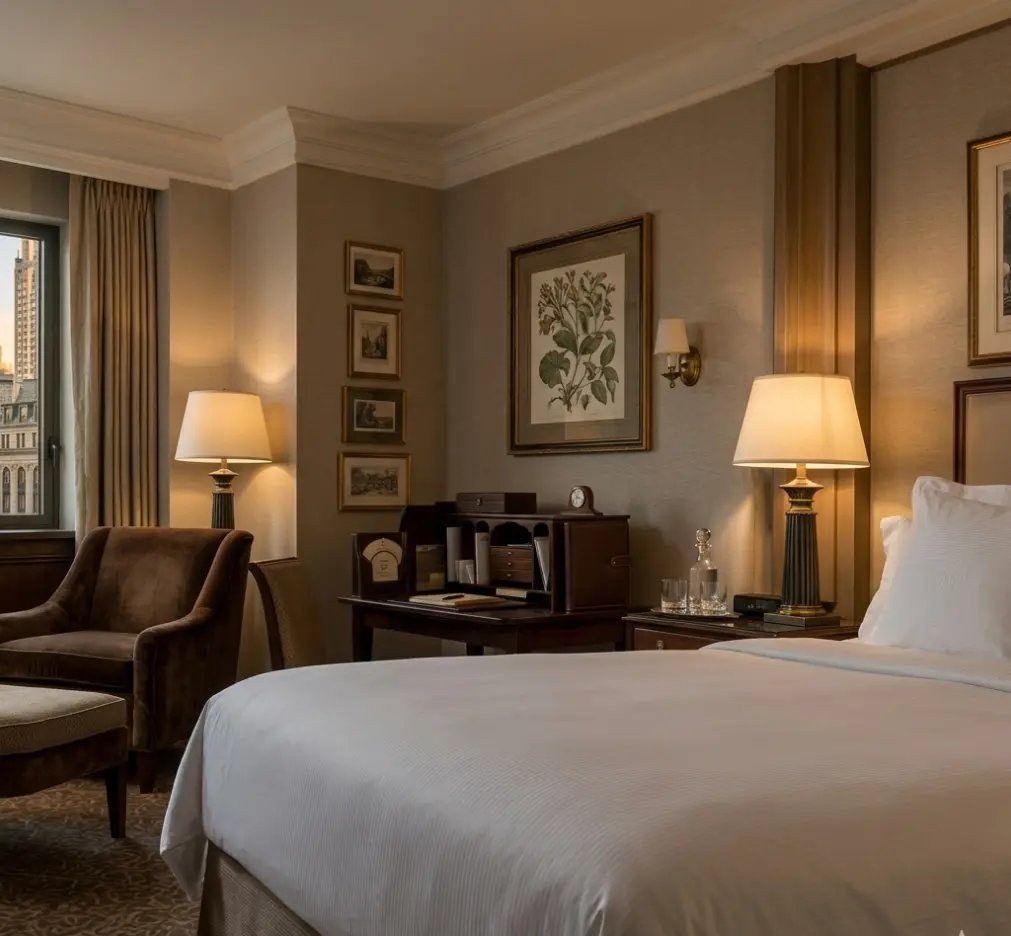 Cozy hotel bedroom with lamps and armchair