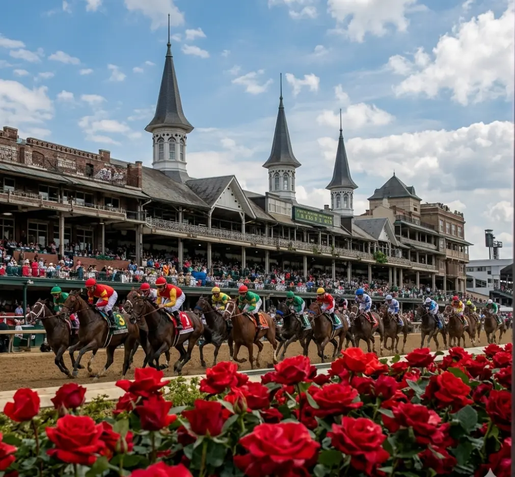 Horses racing at Churchill Downs with roses