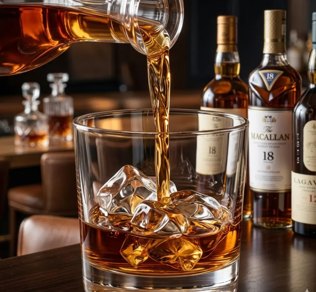 Pouring whiskey over ice in glass