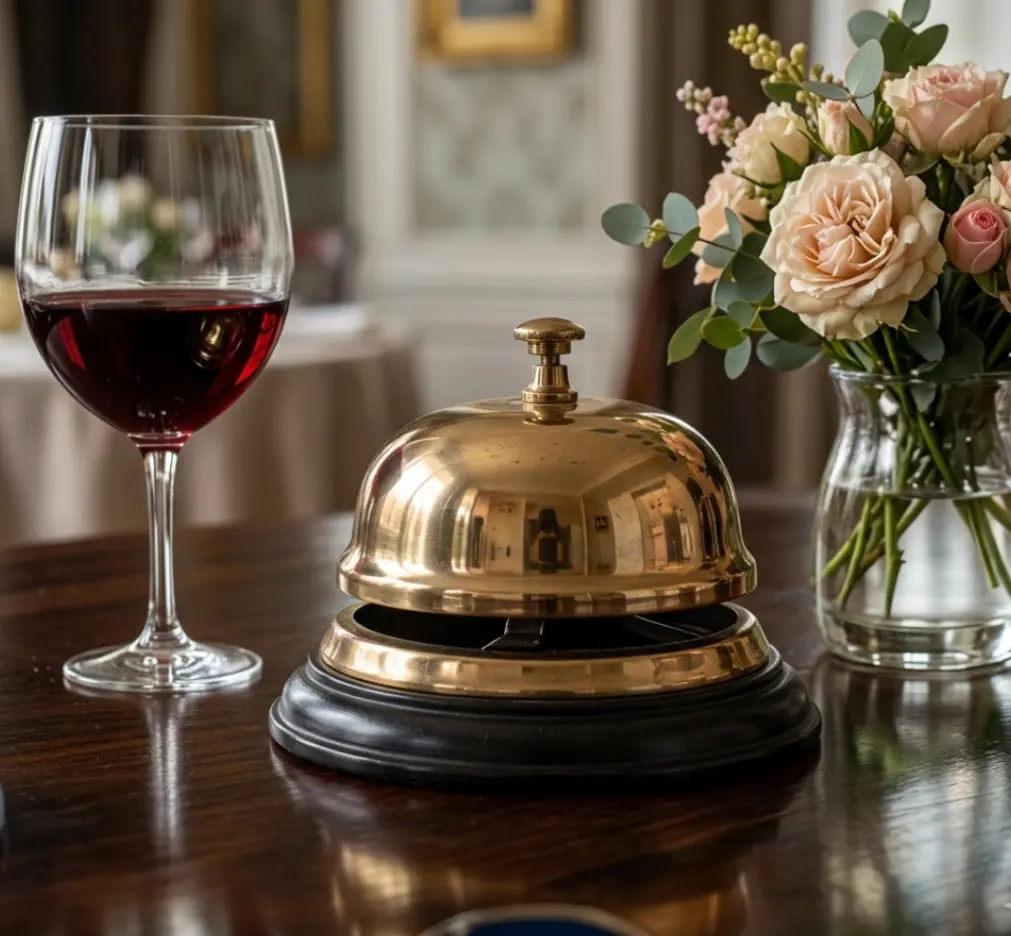 Brass reception bell with wine and roses