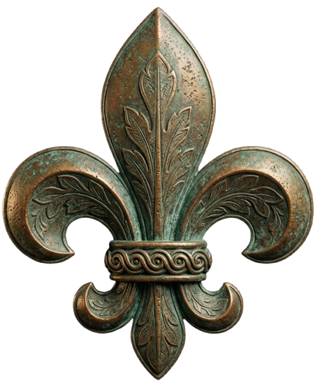 Verdigris bronze fleur-de-lis ornament on black