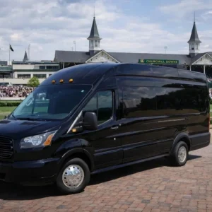 Black passenger van parked at Churchill Downs
