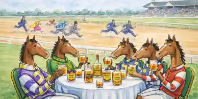 Horses in jockey silks drinking at racetrack