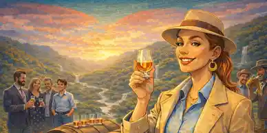 Woman holding wine glass at vineyard sunset