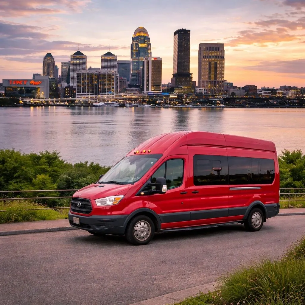 Red passenger van by waterfront at sunset