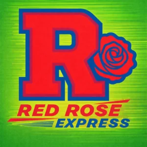 Red R logo with rose on green background
