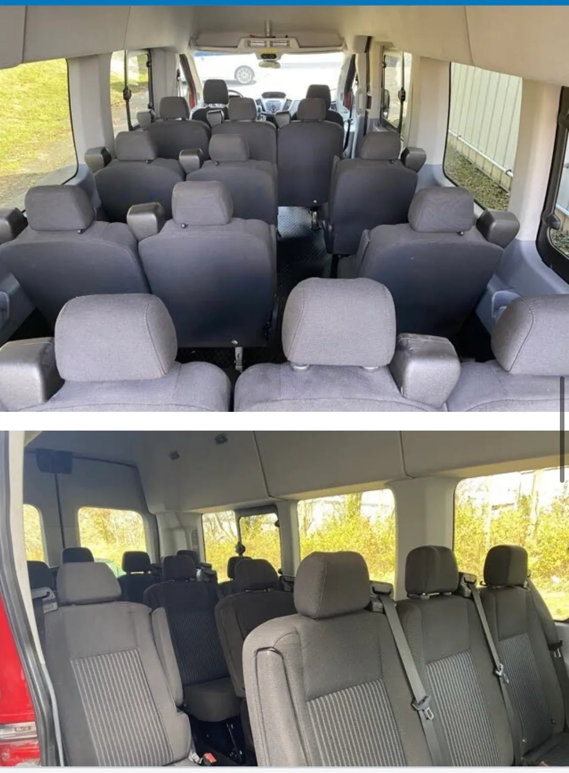 Minibus interior showing multiple rows of seats