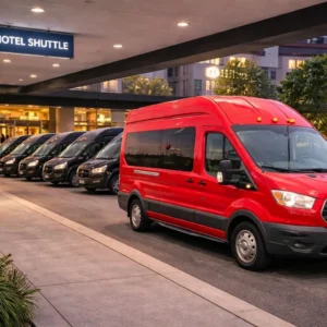 Red hotel shuttle van with black vans