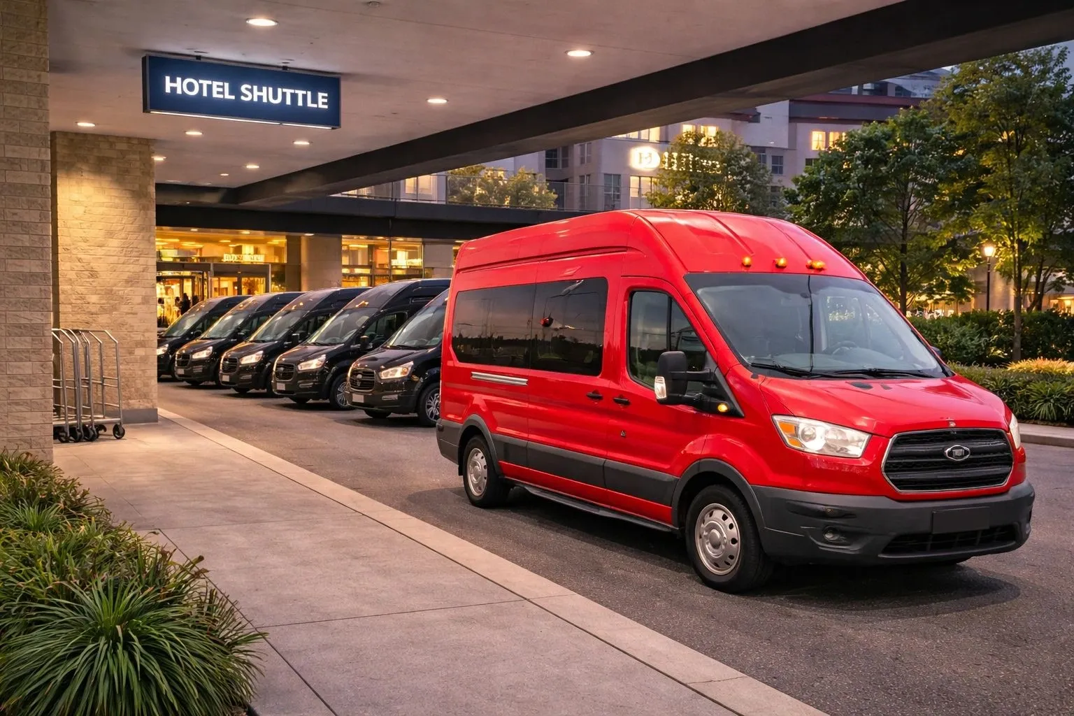 Red hotel shuttle van with black vans