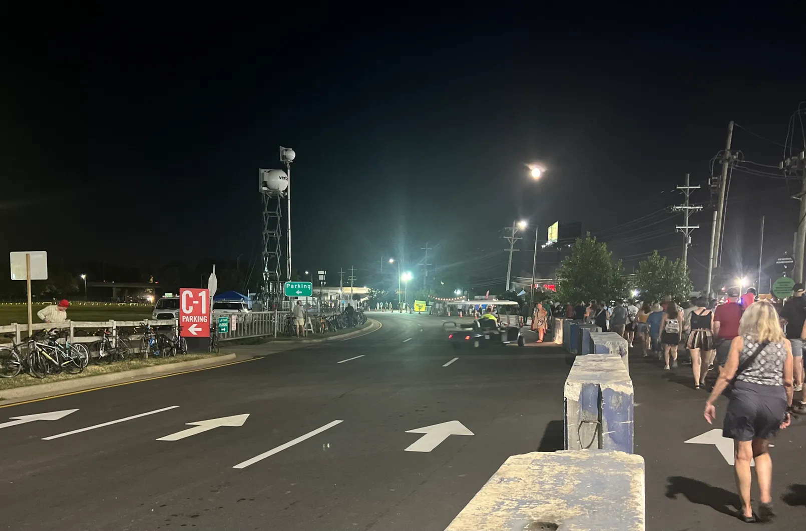 Night crowd walking along illuminated event road