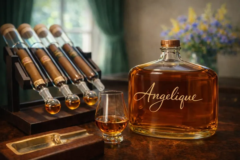 Angelique decanter, whiskey glass, cigars in rack