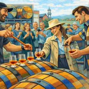 People tasting whiskey at distillery with barrels